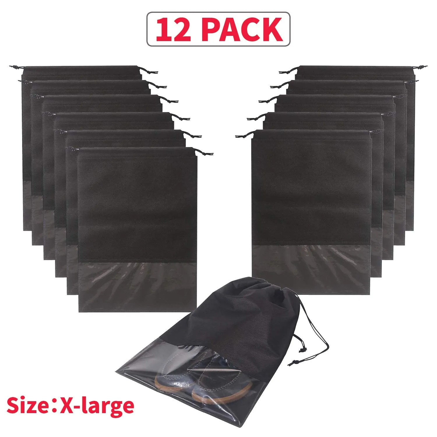 12PCS Travel Shoe Bags Non-Woven Storage with Rope for Men and Women Large Shoes Pouch Packing Organizers, Black