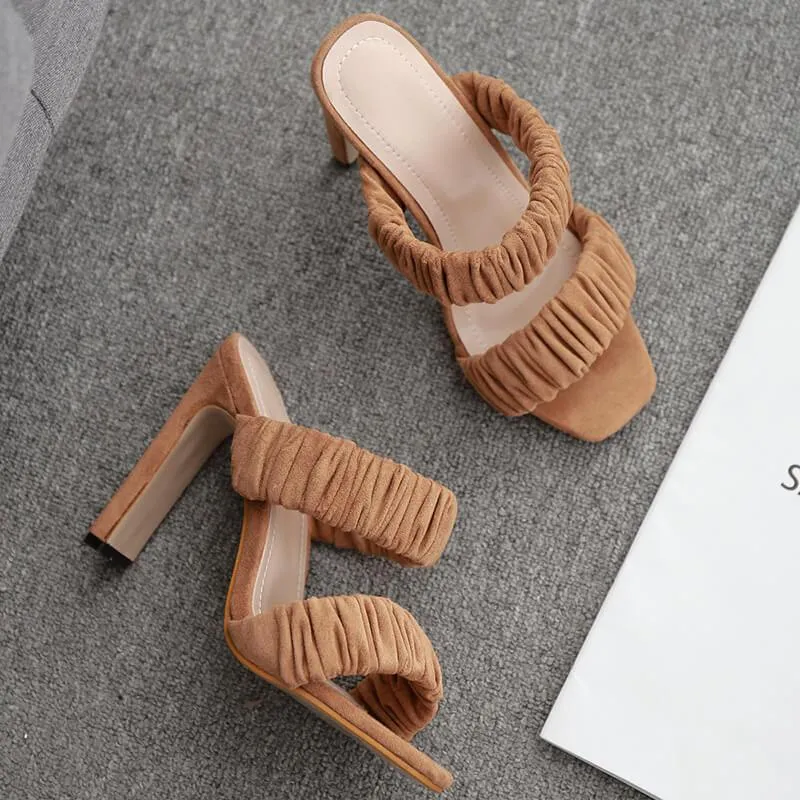 Block Heel Suede Square Toes Cutout Sandals