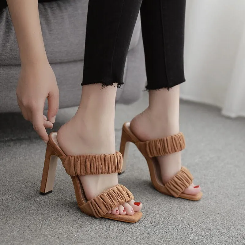 Block Heel Suede Square Toes Cutout Sandals