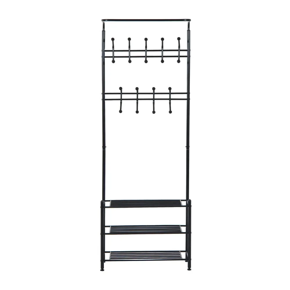 Metal 18 Hooks 3 Tier Coat and Shoe Rack Stand Hat Clothes Organizer Umbrella Stands Entrance Hanger Hall Shelves - Black