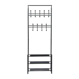 Metal 18 Hooks 3 Tier Coat and Shoe Rack Stand Hat Clothes Organizer Umbrella Stands Entrance Hanger Hall Shelves - Black