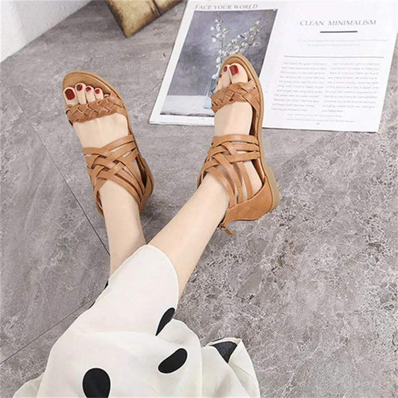 Women's braided ankle criss strappy low heel sandals with back zipper