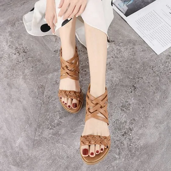 Women's braided ankle criss strappy low heel sandals with back zipper