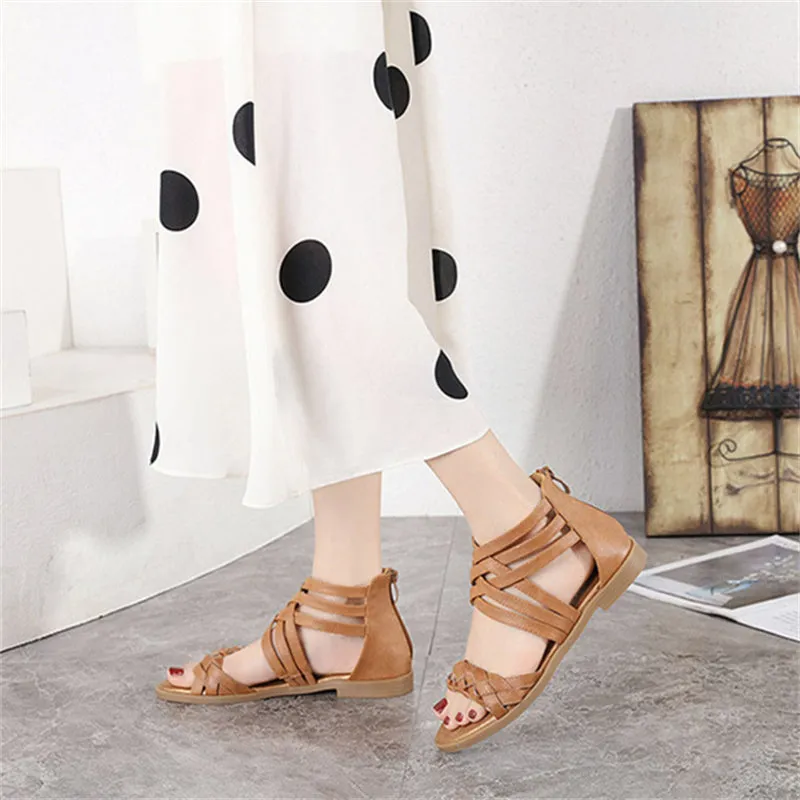 Women's braided ankle criss strappy low heel sandals with back zipper