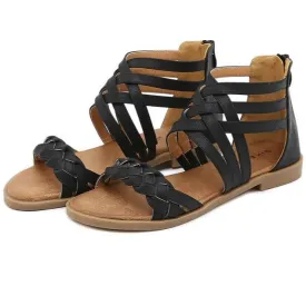 Women's braided ankle criss strappy low heel sandals with back zipper