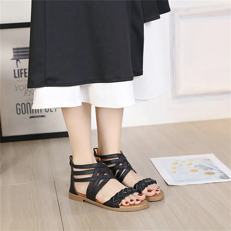 Women's braided ankle criss strappy low heel sandals with back zipper