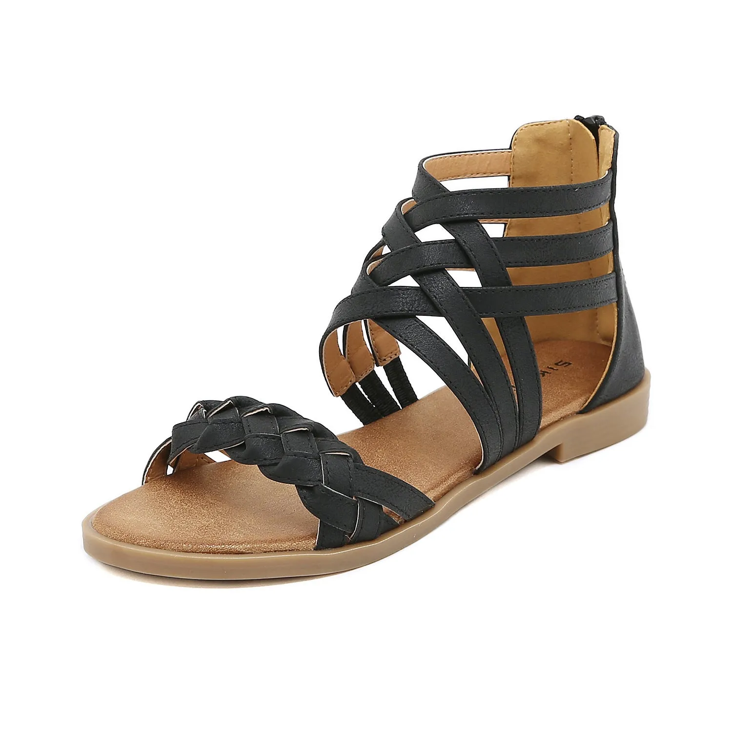 Women's braided ankle criss strappy low heel sandals with back zipper