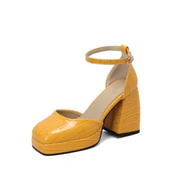 Women's Crocodile Pattern Ankle Strap Chunky Heel Platform Sandals