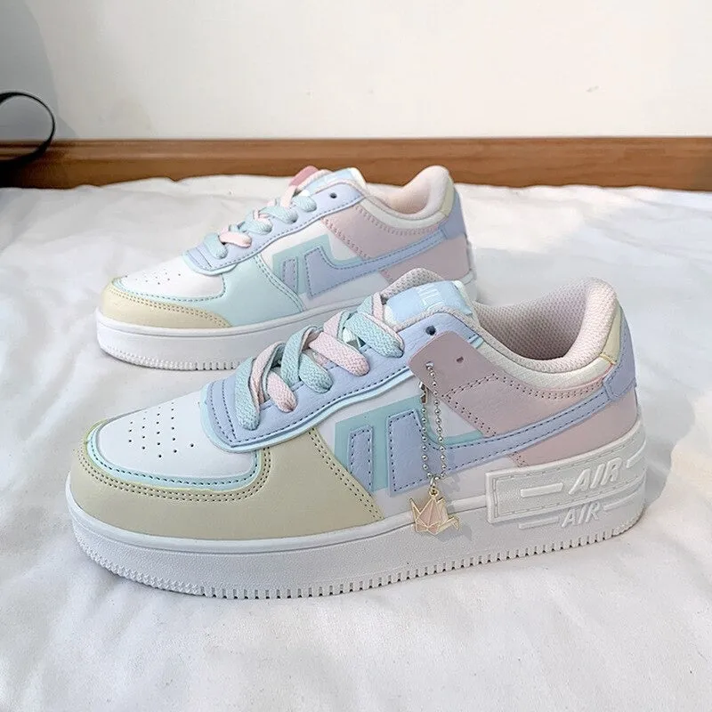 Women's Low-Top Sneakers - Chunky Rubber Sole - Lace-Up - Trendy Embellished Design