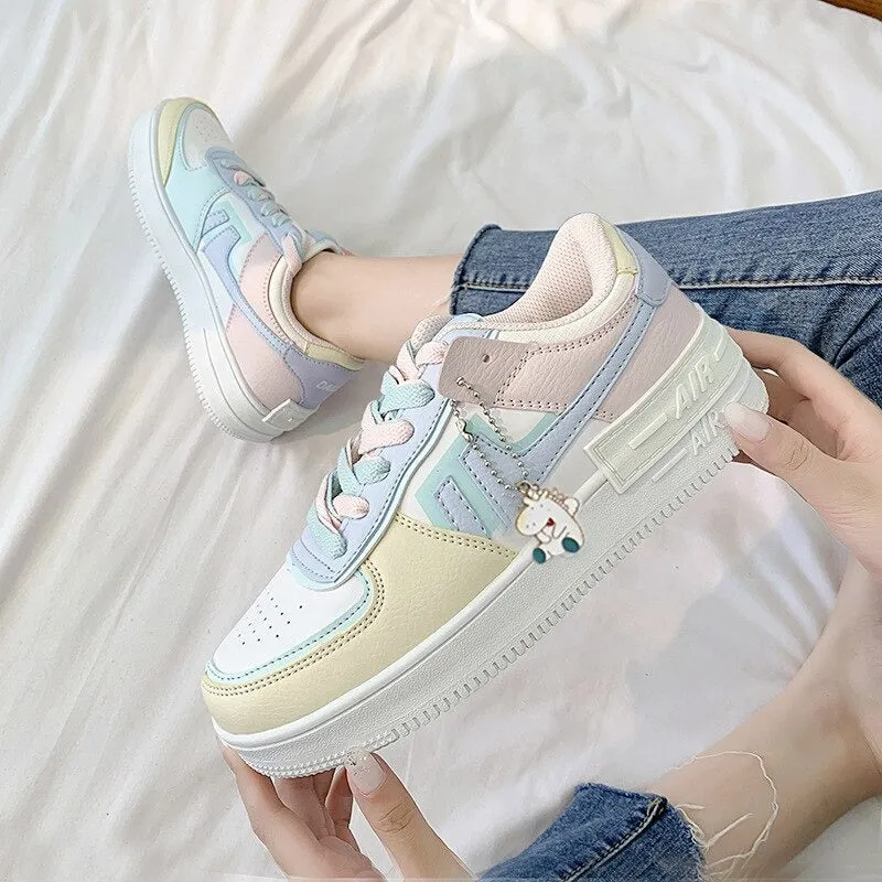 Women's Low-Top Sneakers - Chunky Rubber Sole - Lace-Up - Trendy Embellished Design