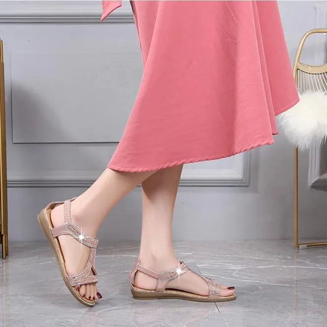 Women's rhinestone glitter flat dress sandals eleastic slingback sandals