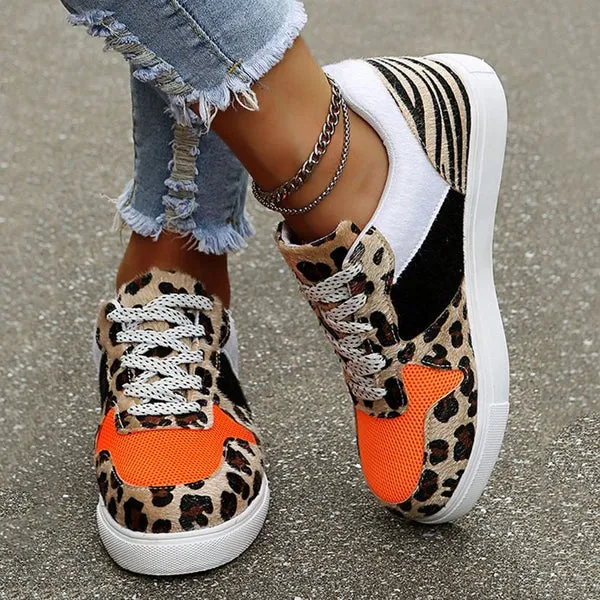 Women's Sneakers - Animal Print - Lace-Up - Platform Sole - Trendy Textured Design