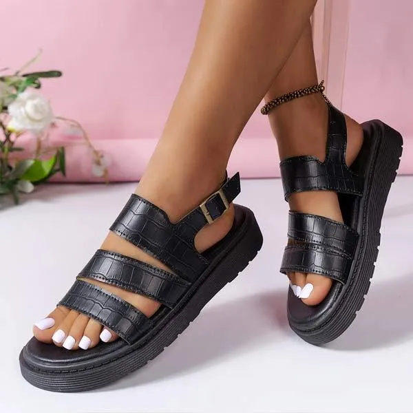Women's Thick Sole Round Toe Cracked Leather Ankle Strap Sandals 82550140C