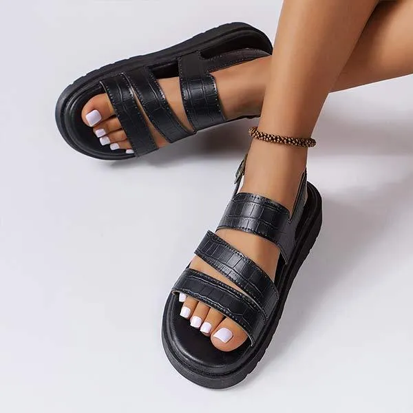 Women's Thick Sole Round Toe Cracked Leather Ankle Strap Sandals 82550140C